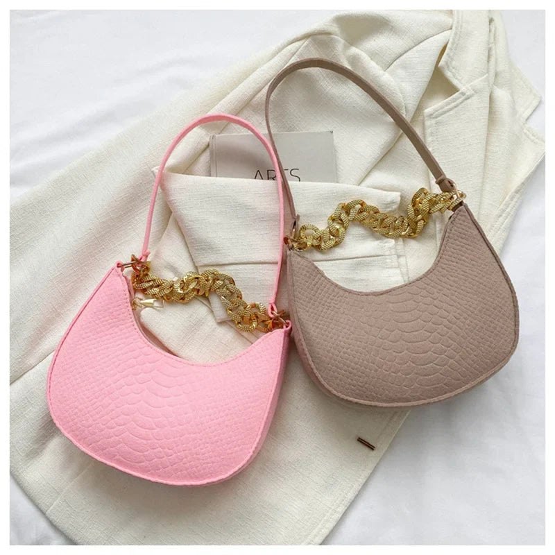 Fashion Women's Felt Handbag | Imitation Metal Chain Underarm Bag (Retro Ladies Solid Color Shoulder Bag, Trendy Casual Clutch Purse)
