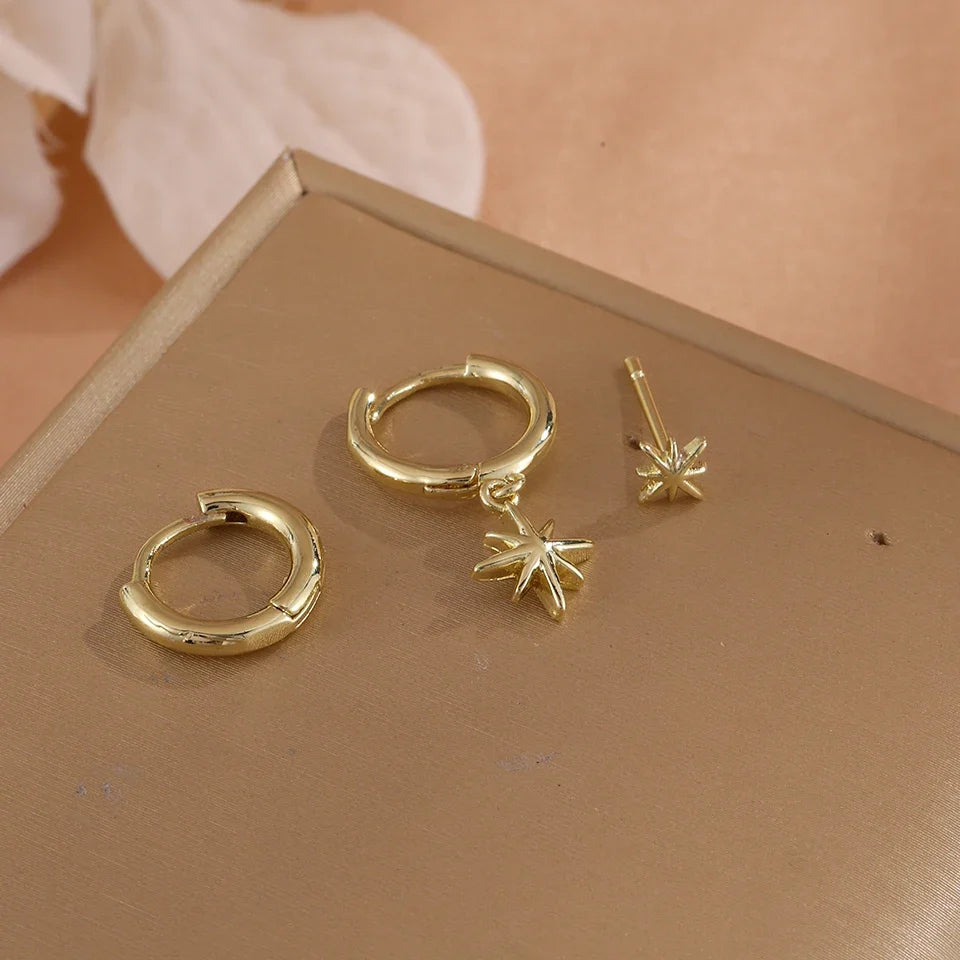 ZAKOL 3 Piece Fashion Round Star Drop Earrings Set for Women Gold Color Dangle Earring Punk Unisex Rock Jewelry