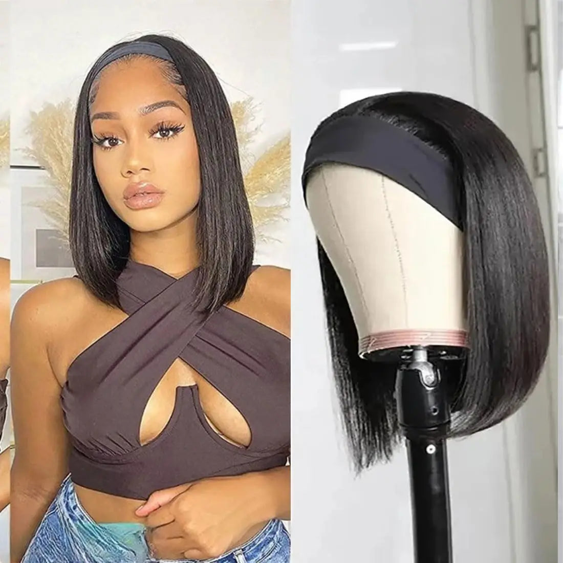Straight Bob Headband Wig | 100% Brazilian Remy Human Hair Short Machine Made Bob Wigs for Women (All Colors)