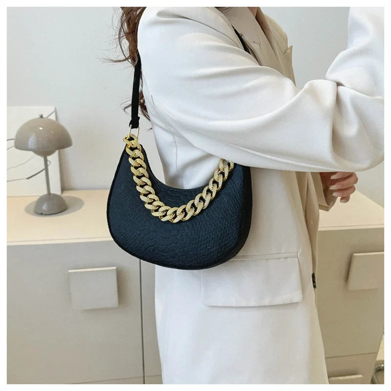 Fashion Women's Felt Handbag | Imitation Metal Chain Underarm Bag (Retro Ladies Solid Color Shoulder Bag, Trendy Casual Clutch Purse)
