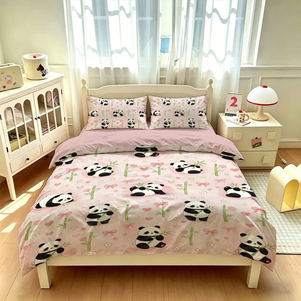 3pcs Cartoon Panda Print Coreless Duvet Cover Cool Summer Lightweight Bedding Set Multi Size Bedroom Bedding Decoration