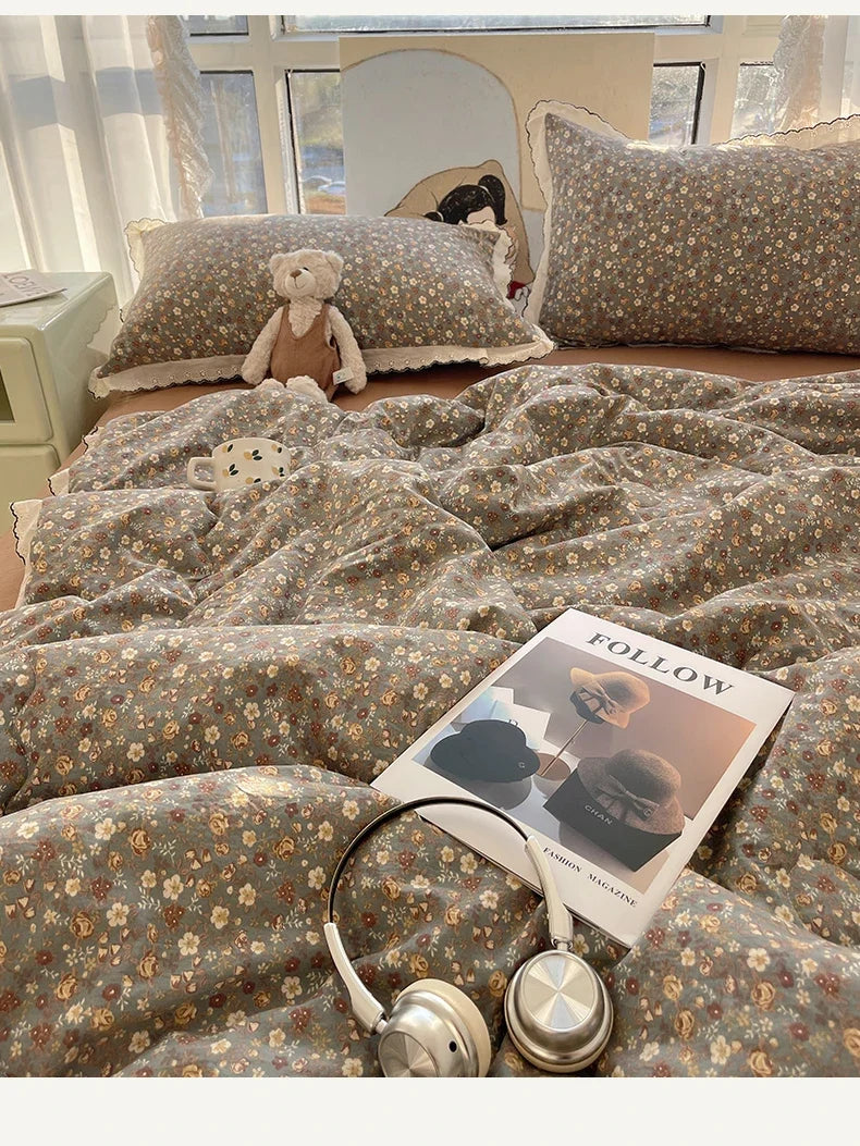 Summer Quilt Korean Style Duvet with Lace Single/Queen Size Comforter Flower Printed Quilted Blanket 여름이불 (No Pillowcase)