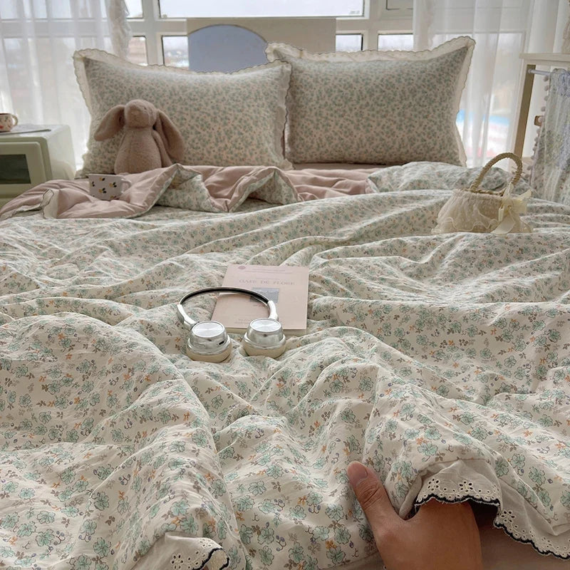 Summer Quilt Korean Style Duvet with Lace Single/Queen Size Comforter Flower Printed Quilted Blanket 여름이불 (No Pillowcase)