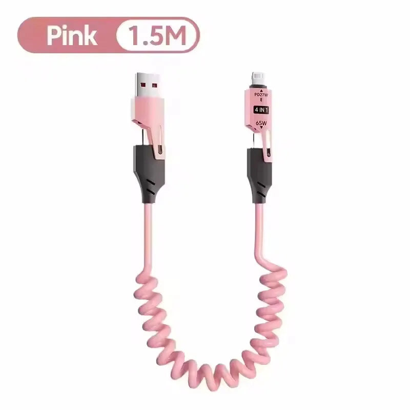 4 in 1 65W Spring Short Data Cable 6A USB Type C Spring Telescopic Quick Charger Wire Spring USB Cable for iPhone 16 15 14 13