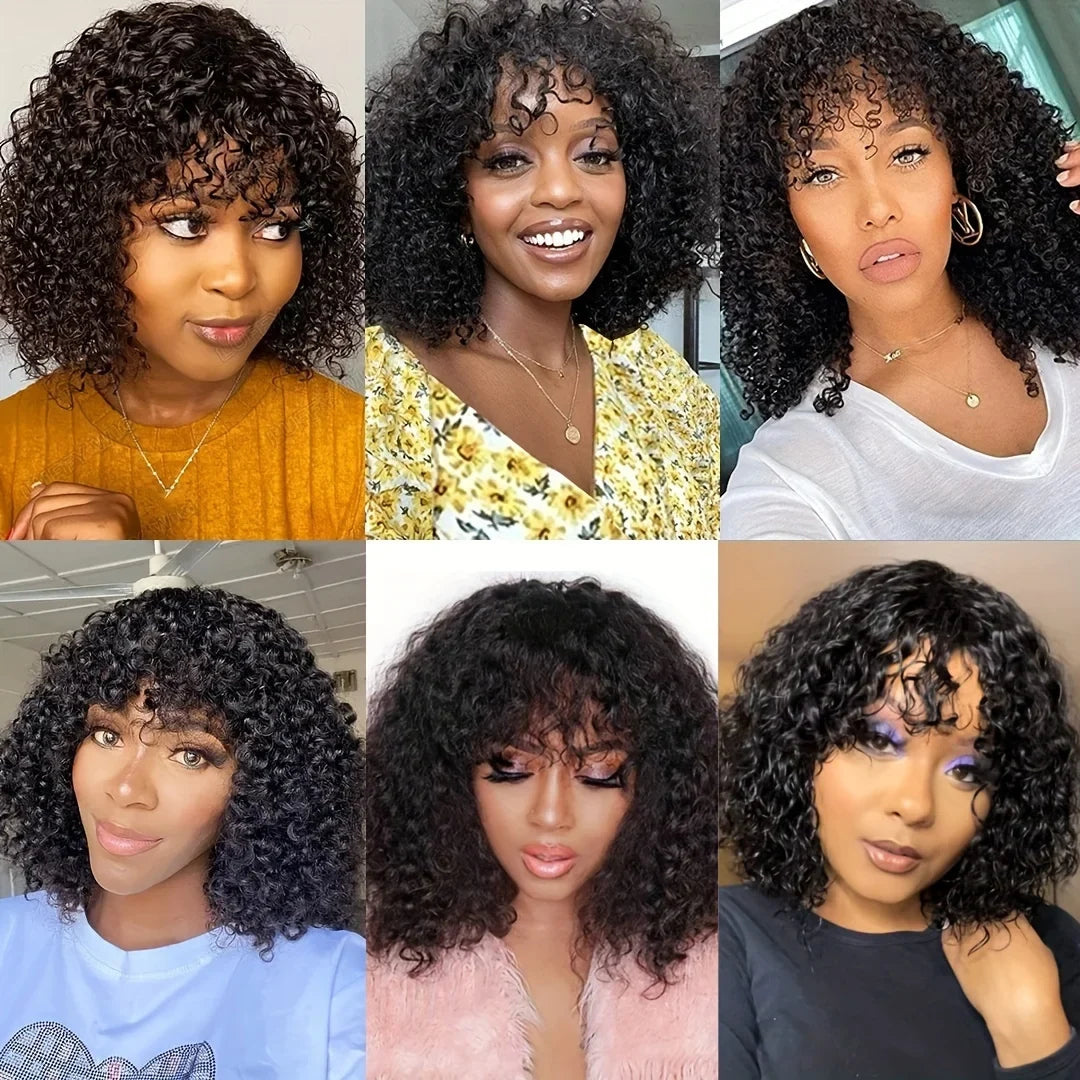 Jerry Curly Short Bob Human Hair Wig with Bangs | Glueless Highlight Honey Water Wave Blonde Wig for Women (Ready-to-Go)