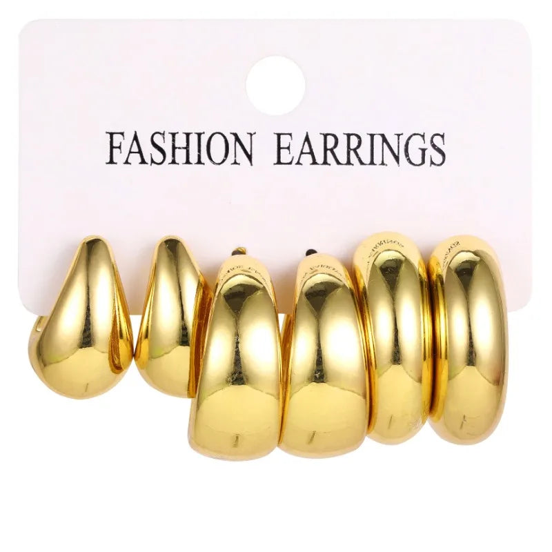 3 Pairs of Fashionable and Simple C-shaped Bean Water Droplet Women's Earring Set, Creative and Luxurious Jewelry Gift