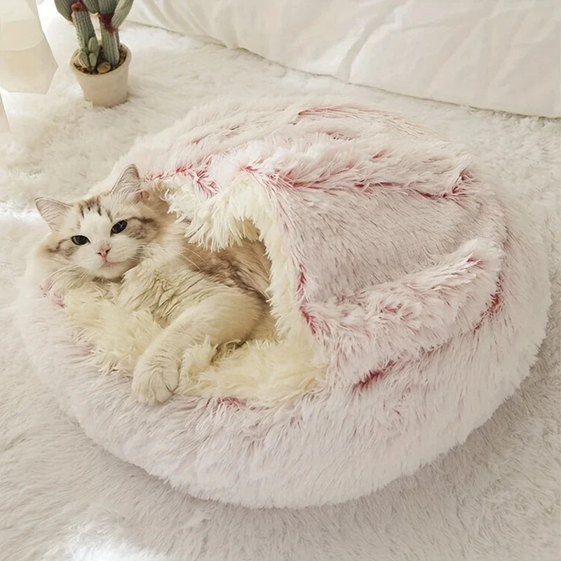 Plush Hooded Cat Cave Bed Round Semi‑Enclosed Shell Pet Nest Washable Anti‑Slip Warm All Season Sleeping Bed For Cats Small Dogs