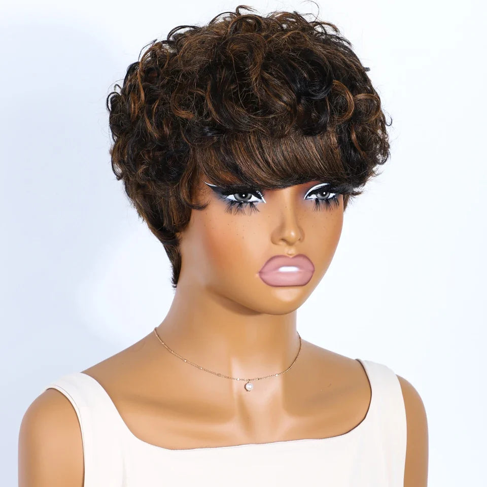 Rebecca P1B/30 Brown Pixie Cut Wig | Curly Side Part Brazilian Human Hair
