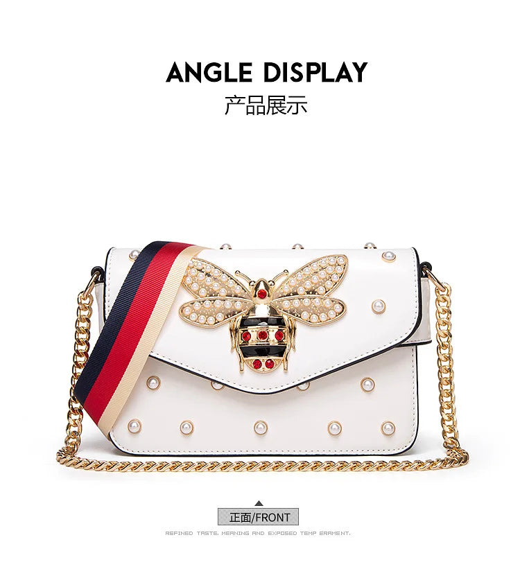 Women's Pearl and Bee Shoulder Handbag | PU Crossbody Bag with Chain