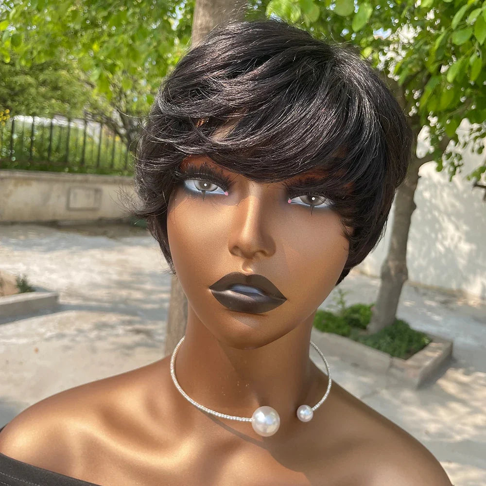 Short Pixie Cut Human Hair Wig with Bangs | Brazilian Remy, Machine Made