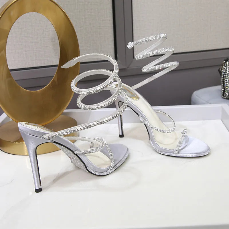 Fashion Summer Snake Twine Around Crystal Women Sandals Luxury Rhinestones Thin High heels Gladiator Sandals  Party Prom Shoes