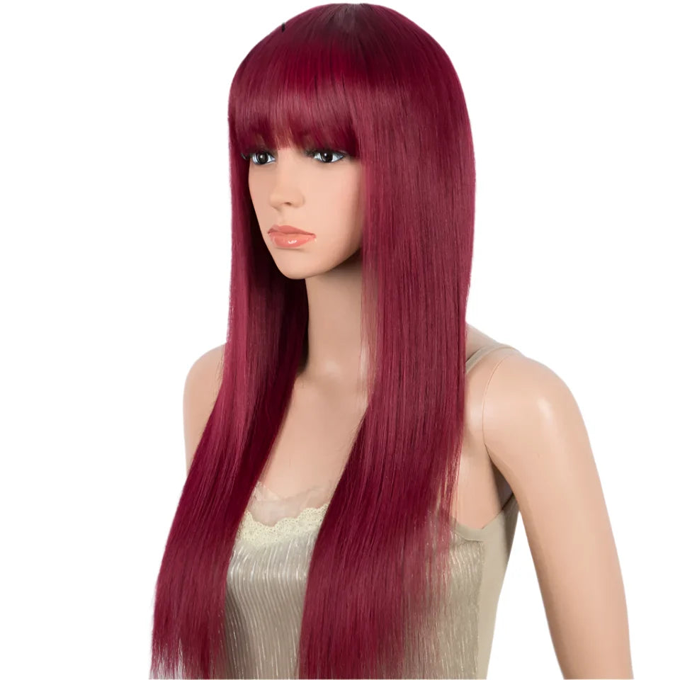 Burgundy Straight Wig with Bangs | "Put On & Go" Glueless Human Hair