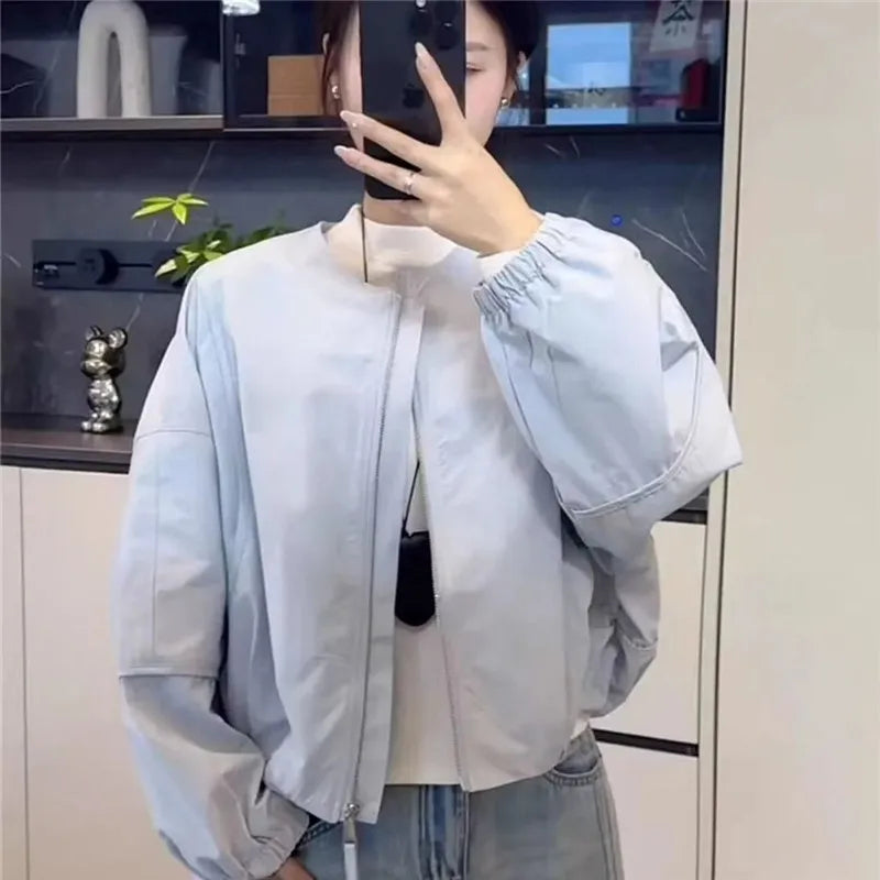 Korean Version Simple Women's Round Neck Solid Color Short Coat 2026 Spring New Female Casual Loose Jacket Joker Little Overwear