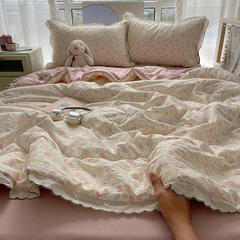 Summer Quilt Korean Style Duvet with Lace Single/Queen Size Comforter Flower Printed Quilted Blanket 여름이불 (No Pillowcase)
