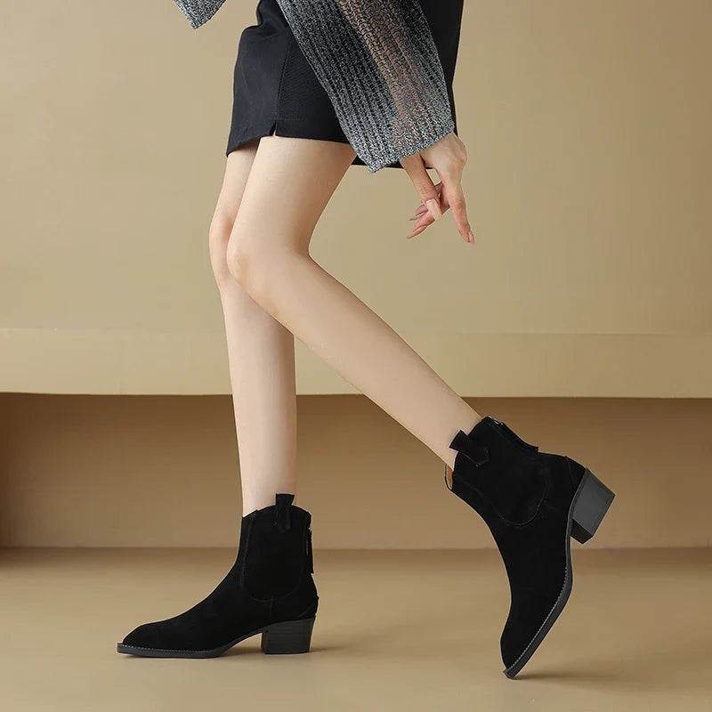 New 2025 Trend Autumn Winter Cow Suede Women Western Boots Black Brown Khaki Purple Green Burgundy Pointed Toe Lady Ankle Boots