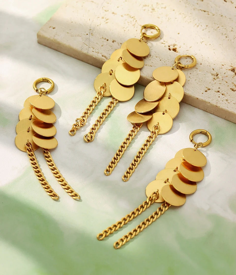 Stainless Steel Dangle Earrings For Women 18k Gold Plated Waterproof Non Tarnish Women's Glossy Sheets Chains Tassel Earring