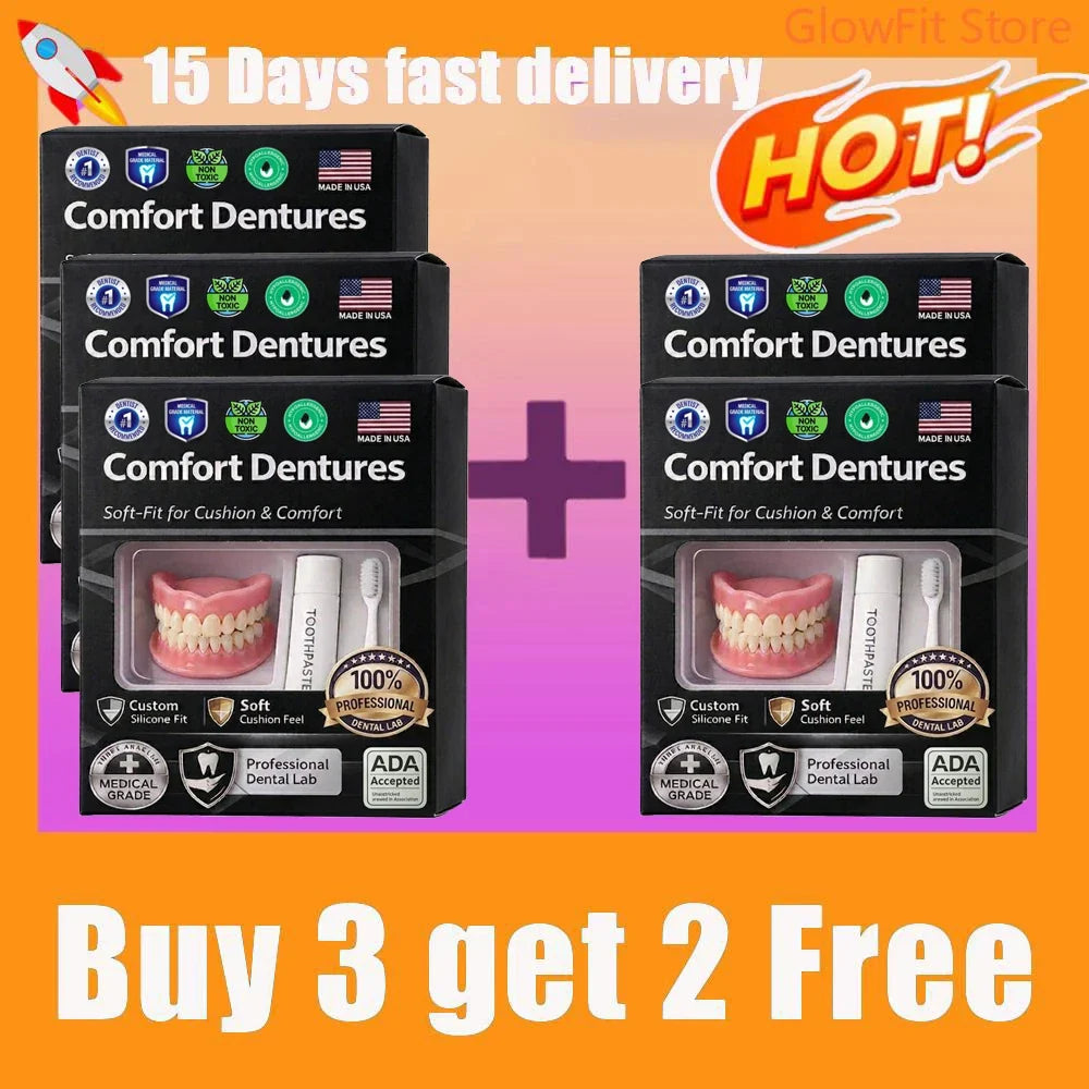 Temporary Adjustable Resin Full Dentures, Natural Bright White Smile, Easy Wear Cosmetic Dental Kit
