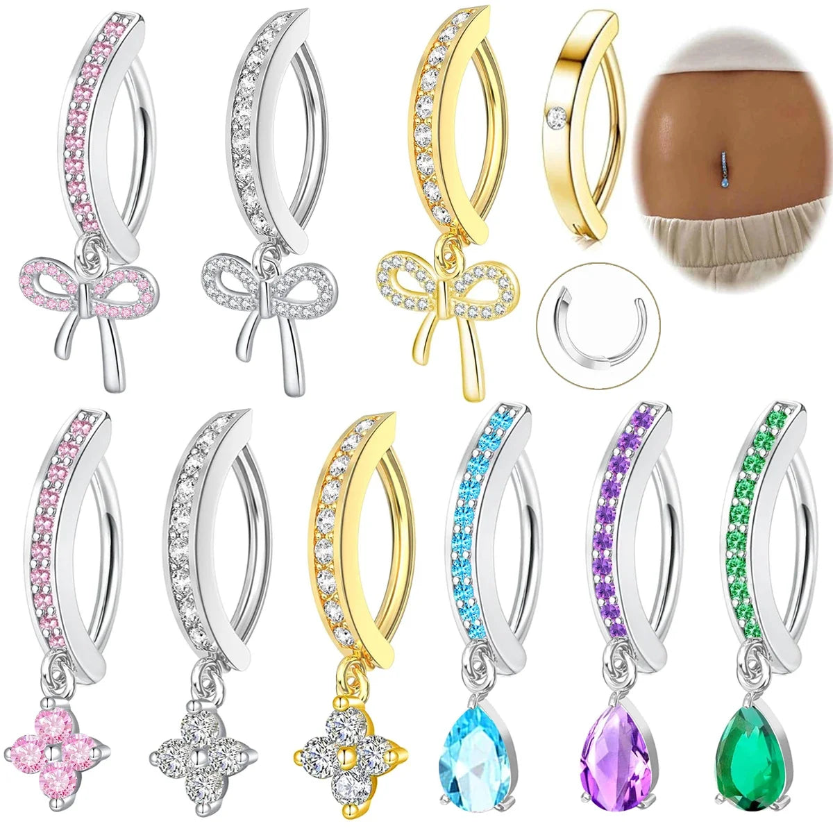 1PC Stainless Steel 14G Dangle Belly Button Ring for Women Heart Bow Reverse Hoop Clicker Navel Rings Body Piercing Jewelry