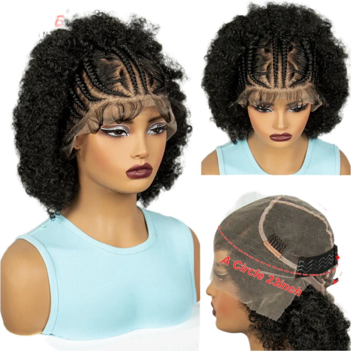 Short Natural Afro Kinky Curly Cornrow Braids Wig | Full Lace | Baby Hair