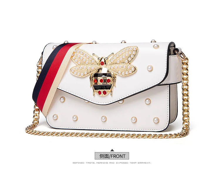 Women's Pearl and Bee Shoulder Handbag | PU Crossbody Bag with Chain