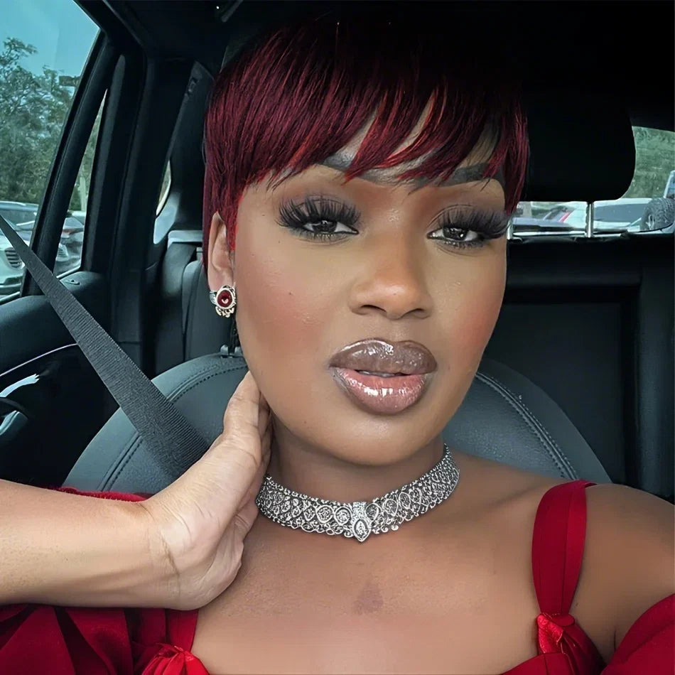 100% Human Hair Straight Short Pixie Cut Wig with Bangs | Tangle-Free Full Machine Made for Women (Natural Hairline)