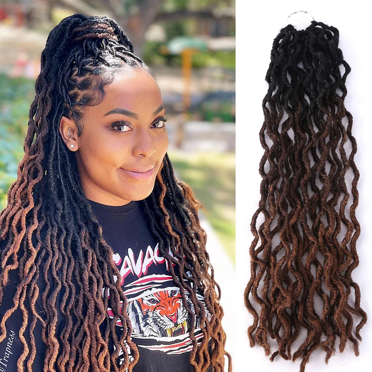 Goddess Faux Locs Crochet Hair | Soft Curly Ombre Dreadlock Extensions (Synthetic Braiding)