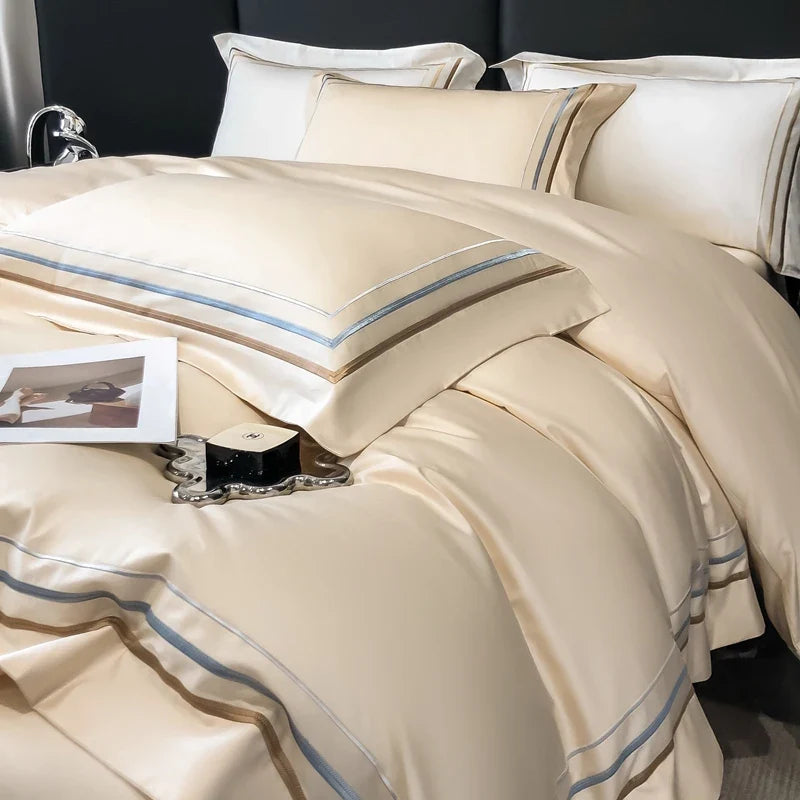 Hotel Style Bedding Set Luxury Golden Embroidery Duvet Cover Grey Egyptian Cotton Bed Sheets Pillowcases Solid Color Bedclothes