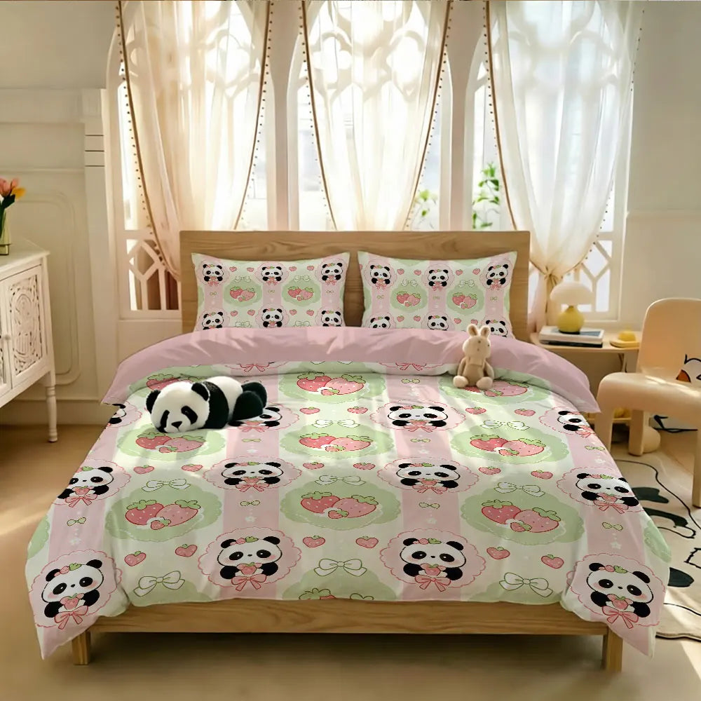 3pcs Cartoon Panda Print Coreless Duvet Cover Cool Summer Lightweight Bedding Set Multi Size Bedroom Bedding Decoration