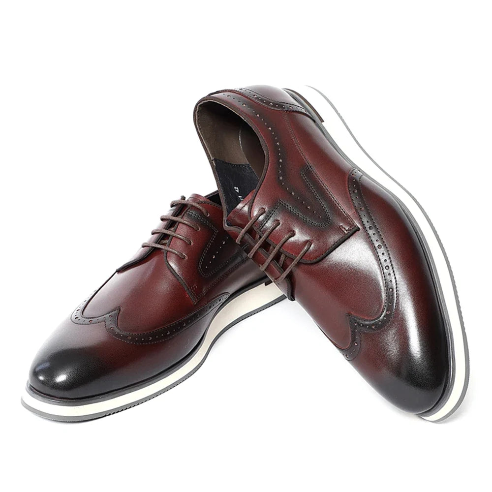 Men's Natural Cowhide Genuine Leather Derby Dress Shoes | Brogue Wingtip Flat Shoes (Black, Wine Red)
