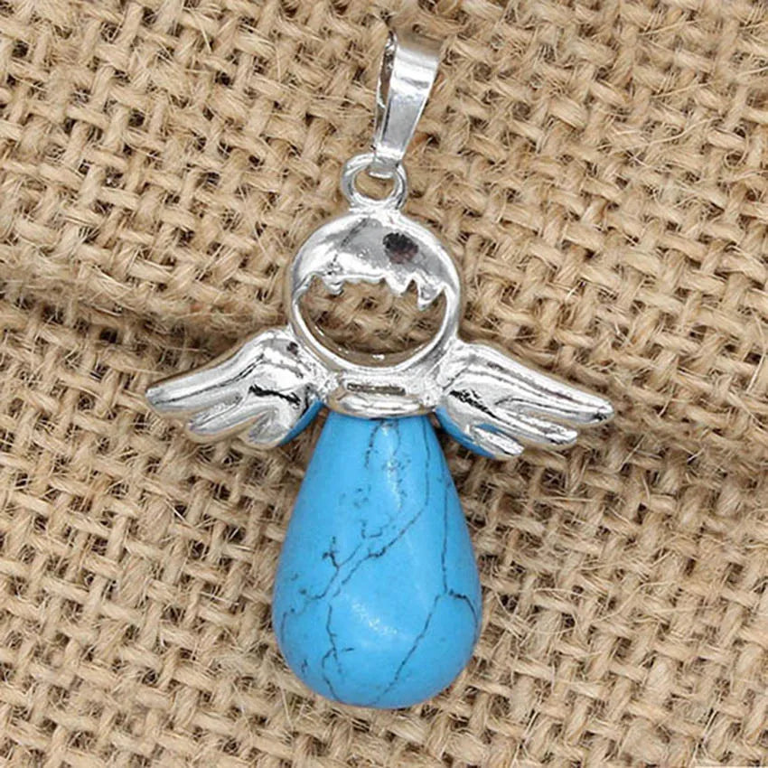 Angel Wing Crystal Stone Pendants For Women Necklace DIY Natural Amethyst Rose Quartz Water Drop Necklace Jewelry No Chain