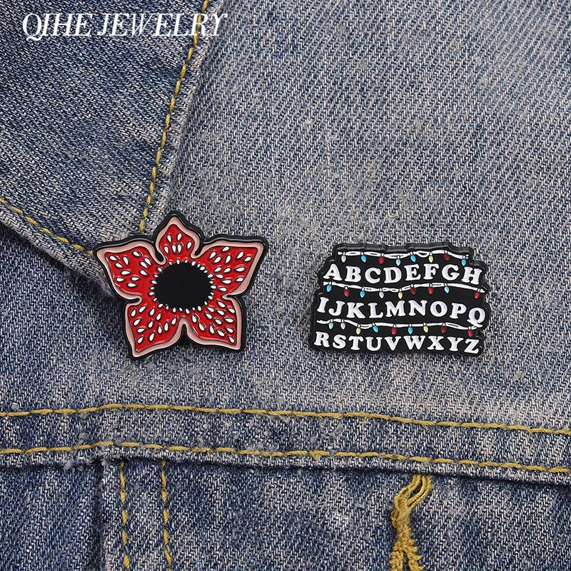 Sci-fi Horror Movies Brooch Enamel Pins Red Cannibal Flowers And 26 English Letter Brooches Backpack Lapel Badge Jewelry Gifts