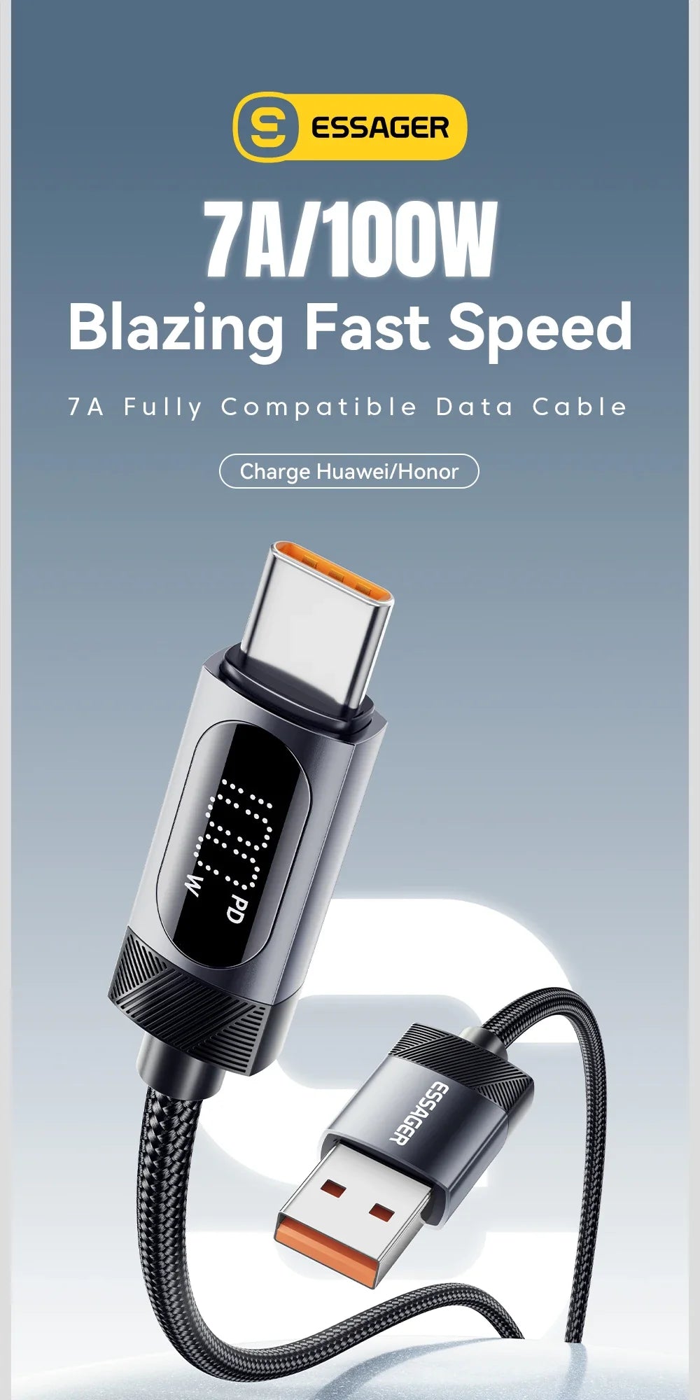 Essager Digital Dispaly USB C Cable For iPhone 17 16 15 Xiaomi Huawei 100W PD Fast Charging For Macbook iPad Type C to C Cable