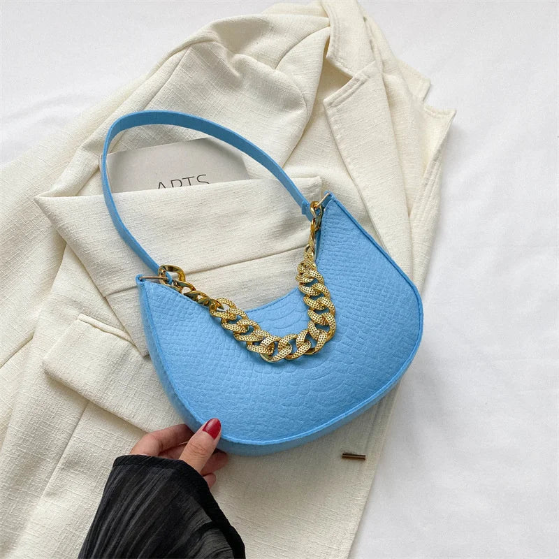 Fashion Women's Felt Handbag | Imitation Metal Chain Underarm Bag (Retro Ladies Solid Color Shoulder Bag, Trendy Casual Clutch Purse)