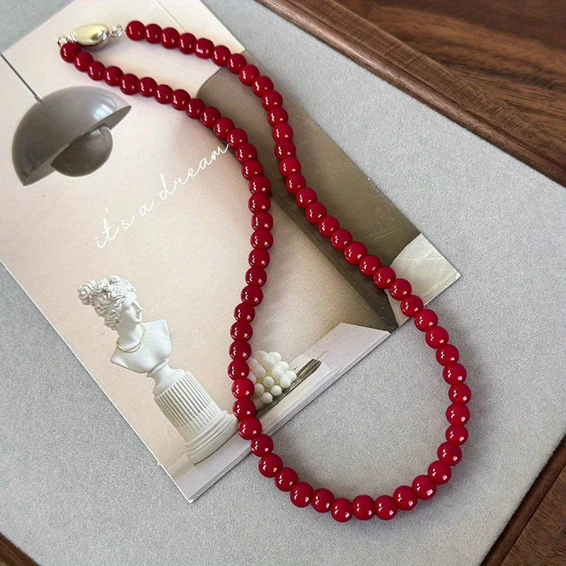 Handmade Vintage Chinese Style Glass Bead Necklace with Antique Red Glass Beads and Gold Coin Closure, Versatile Neckpiece