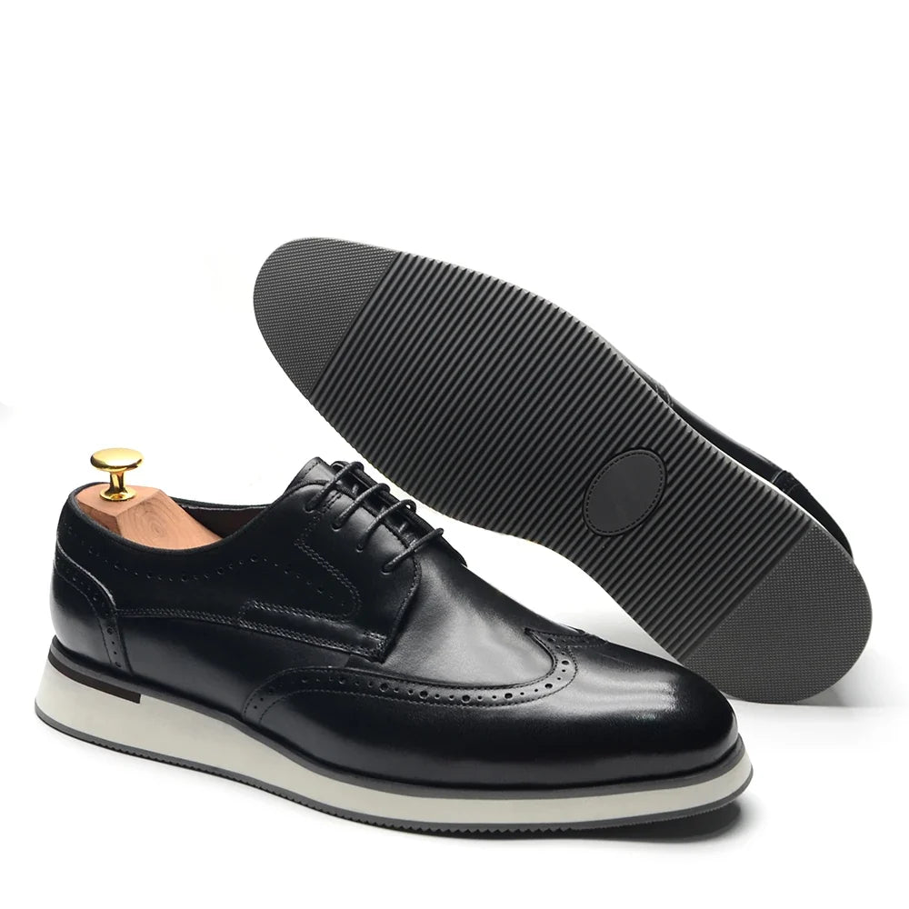 Men's Natural Cowhide Genuine Leather Derby Dress Shoes | Brogue Wingtip Flat Shoes (Black, Wine Red)