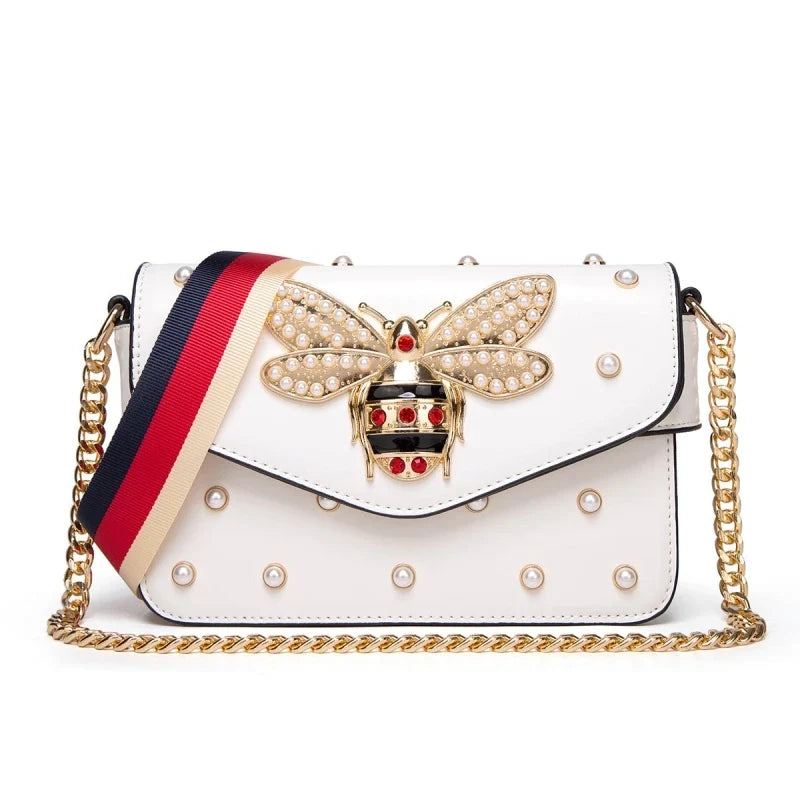 Women's Pearl and Bee Shoulder Handbag | PU Crossbody Bag with Chain