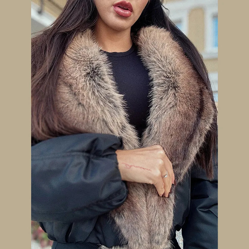 Fashion Faux Fur Patchwork Cotton Coat Women Lapel Zipper Pocket Cropped Street Warm Jacket 2026 Winter Lady Puffer Jackets New