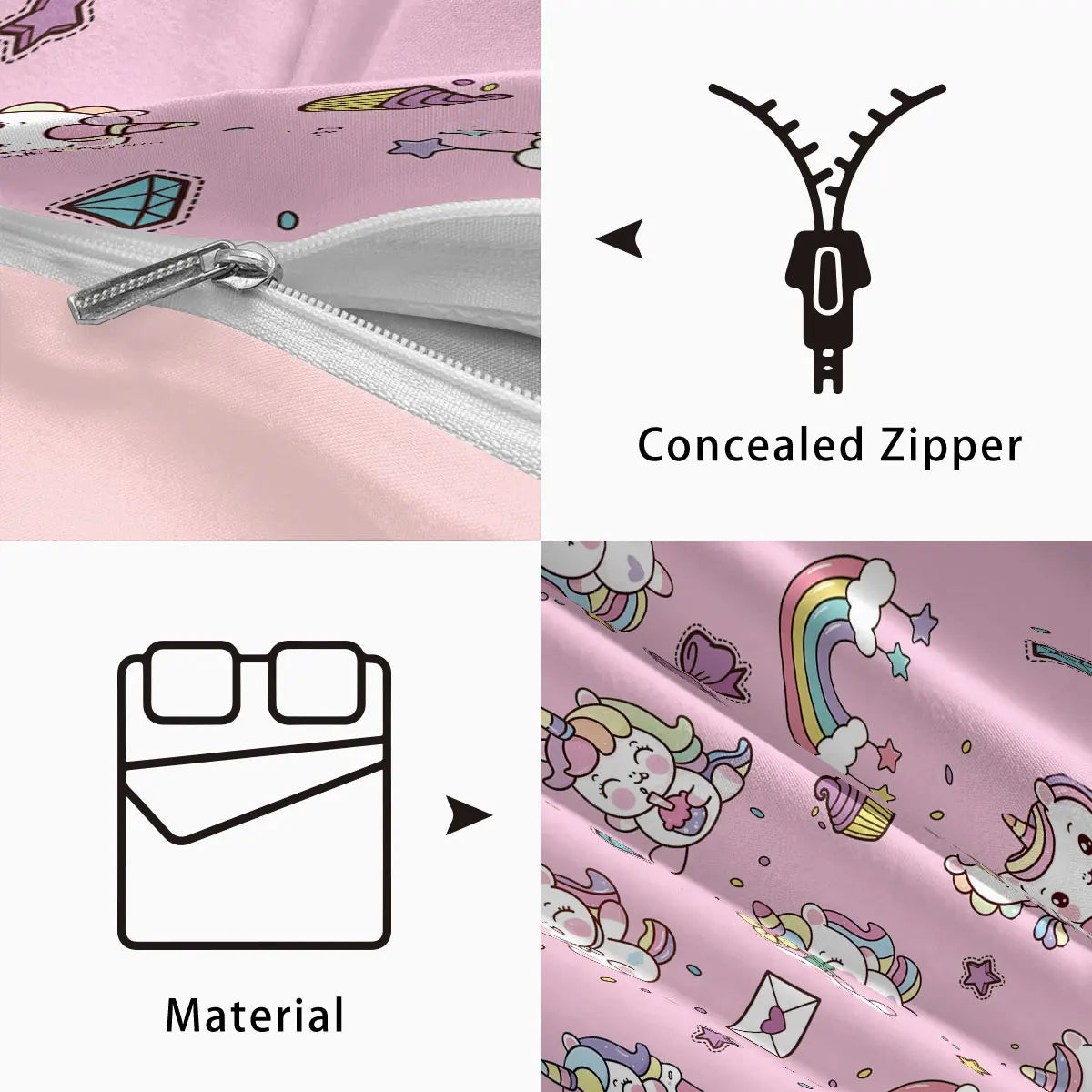 3pcs Cartoon Cute Unicorn Printed Coreless Down Duvet Cover Set, Multi Size Bedroom Bedding Decoration, Machine Washable