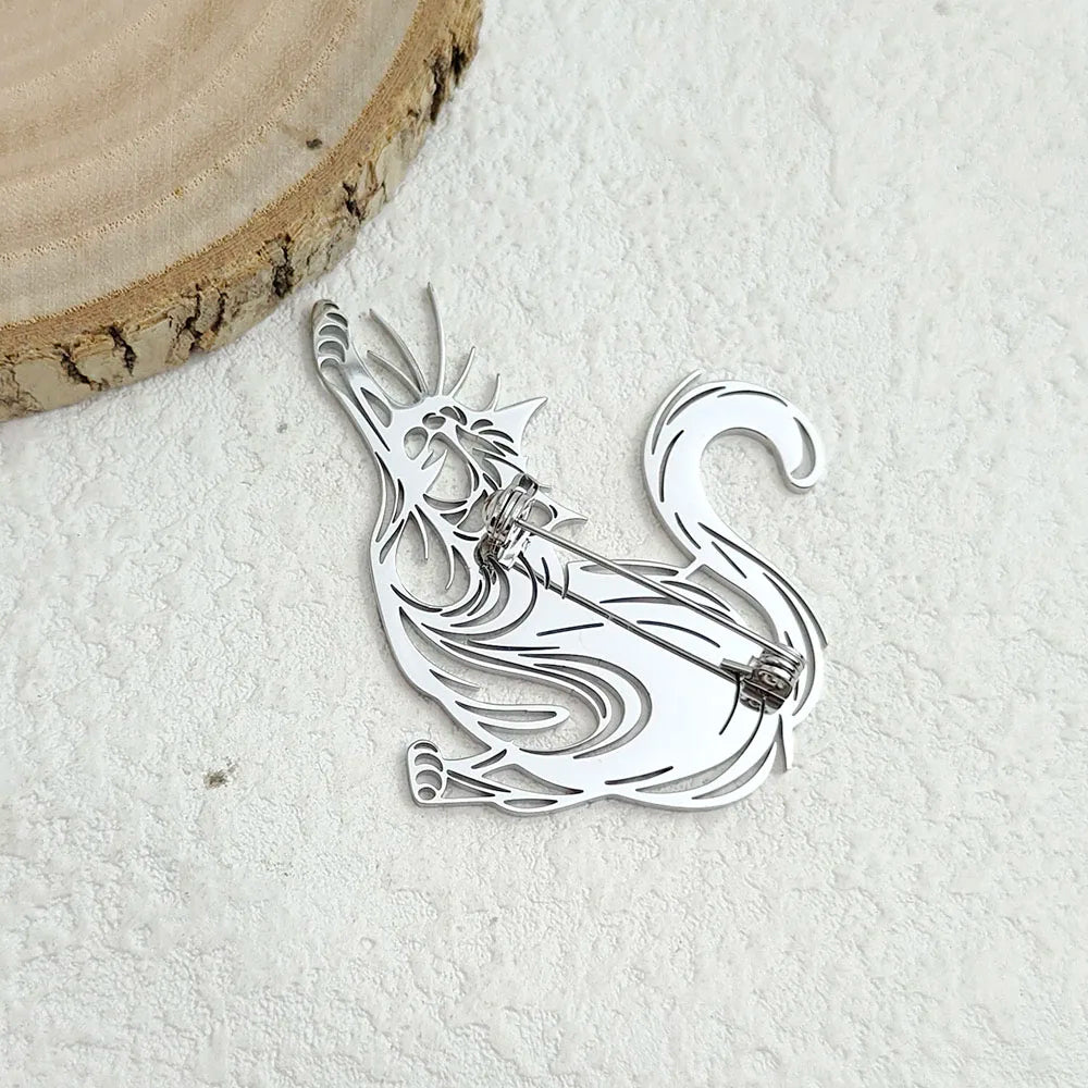 Original and innovative fun cat hollow stainless steel gold-plated 18K brooch, suit lapel pin, waterproof formal fittings