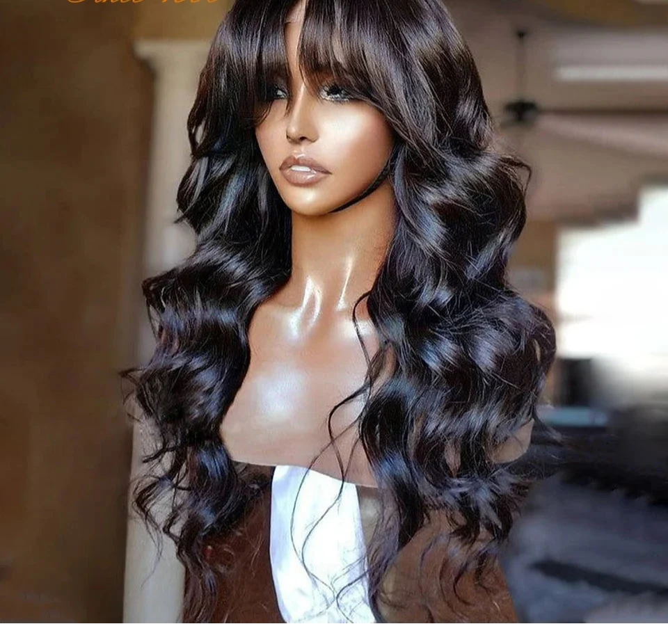 Natural Color 24" Body Wave Wig with Bangs | 180% Density Remy Human Hair Middle Part Lace