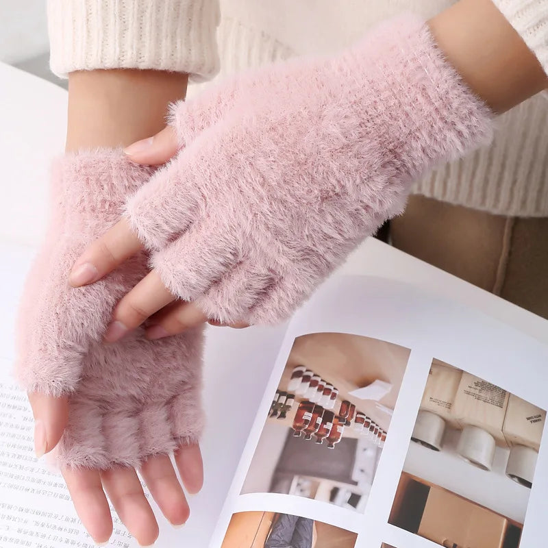 Hot sale! Women's Plush Half Finger Touchscreen Winter Gloves Soft Fashion Warm Imitation Mink Cashmere for Driving, winter work