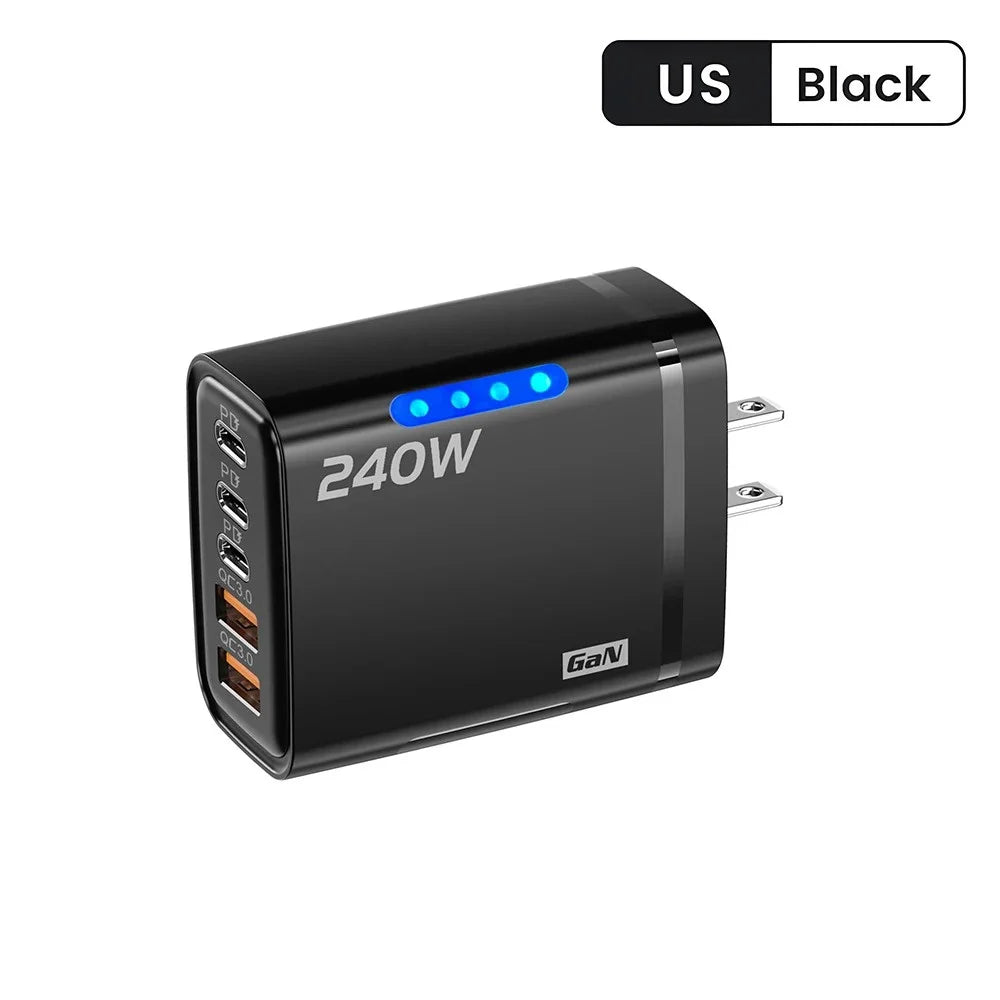 5 in 1 GaN USB C Desktop Charger 240W Fast Charge Phone Adapter 10A Type C Cable For iPhone Samsung Xiaomi EU/US/UK Plug Charger
