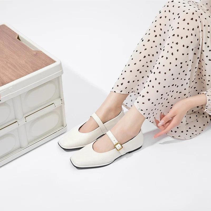 AIYUQI Mary Jane Shoes Female Genuine Leather 2026 New Snap Ballet Shoes Women Square Toe Flat Cowhide Ladies Shoes