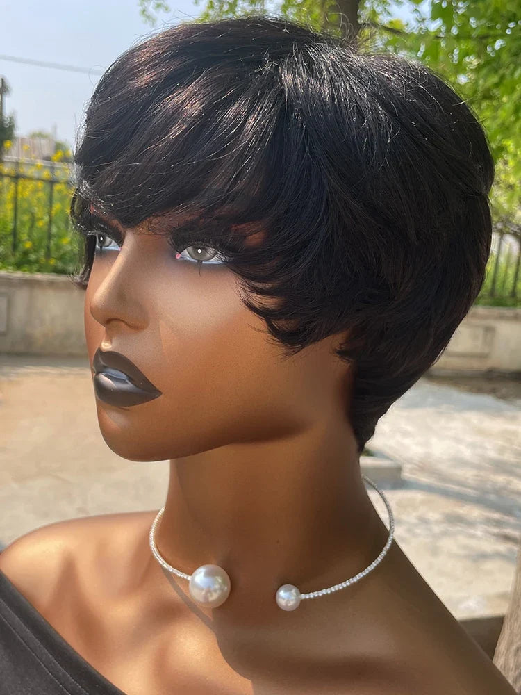 Short Pixie Cut Human Hair Wig with Bangs | Brazilian Remy, Machine Made