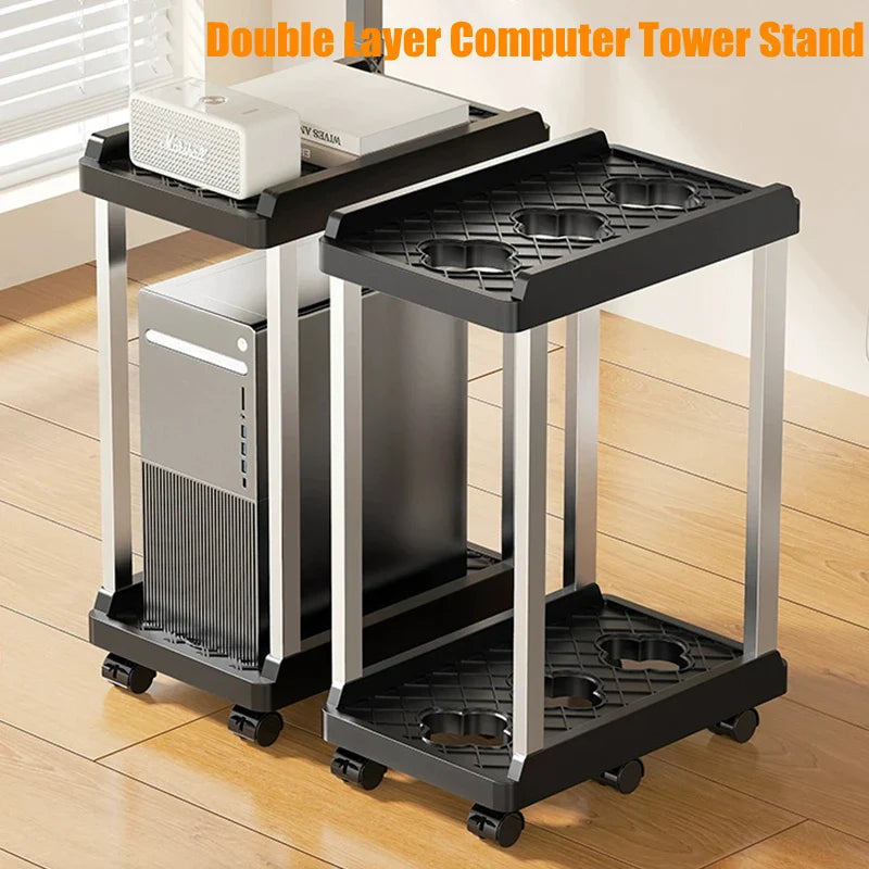 Double Layer PC Tower Stand, Mobile CPU Case Base with Universal Wheels, Heightening Storage Support Bracket for Computer Host