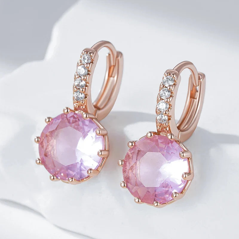 Kinel Hot Shiny Pink Natural Zircon Bride Drop Earrings for Women Fashion 585 Rose Gold Color High Quality Daily Fine Jewelry