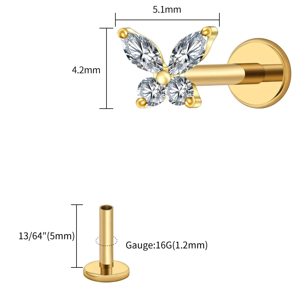 Right Grand ASTM F136 Titanium 16G Mini Butterfly CZ Labret Tragus Cartilage Conch Forward Helix Stud Nose Piercing Body Jewelry