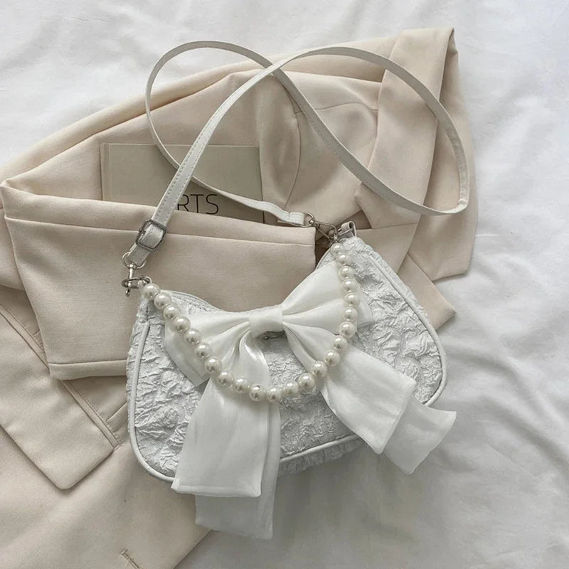 White Folds Pop Retro Bow Bag | Female Pearl Handle New Fashion Pearl Armpit Shoulder & Crossbody Bag