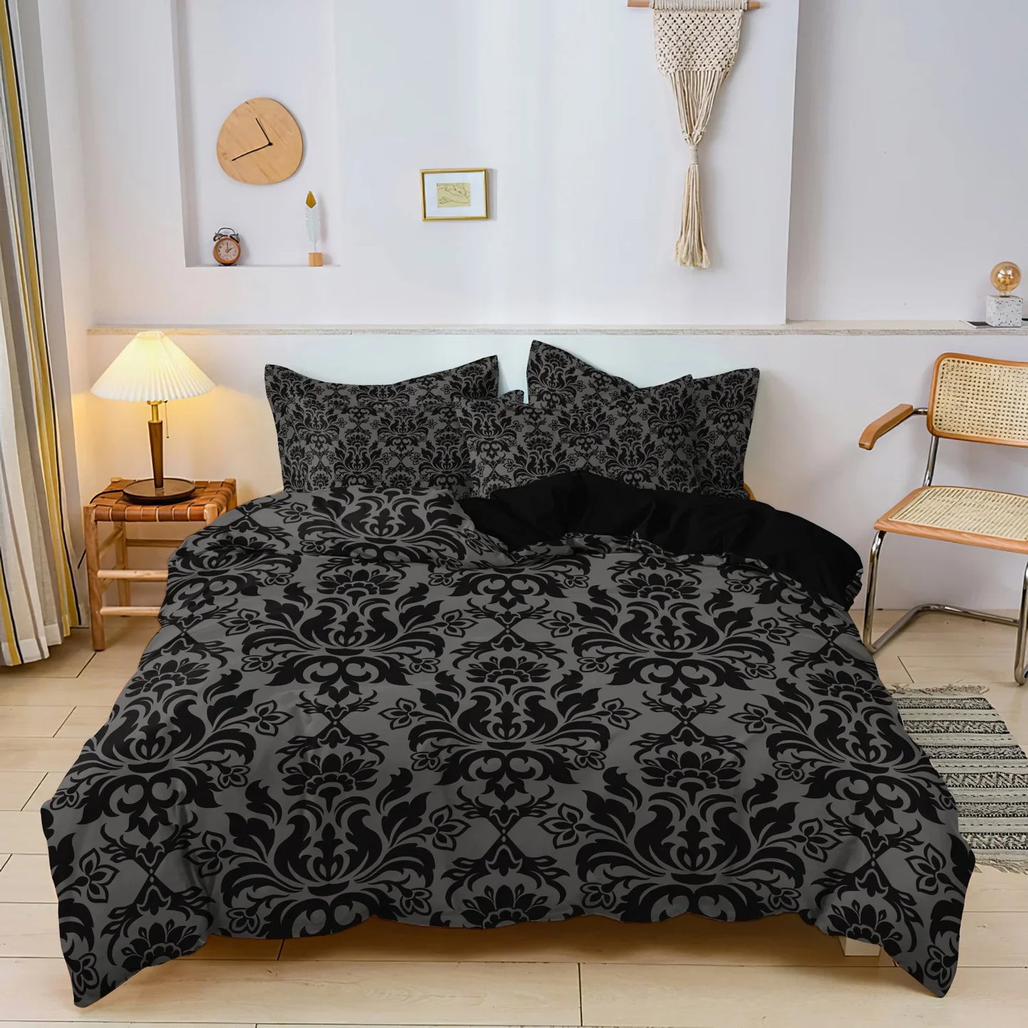 3Pcs Black Grey Textured Print Duvet Cover Bedding Set Included 1 Duvet Cover & 2 Pillowcases For Bedroom Guest Room Dorm Decor
