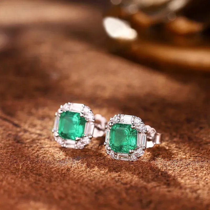 European and American Square Green Zircon Earrings, French Romantic Women's Inlaid Zircon Banquet Design, Shiny Jewelry